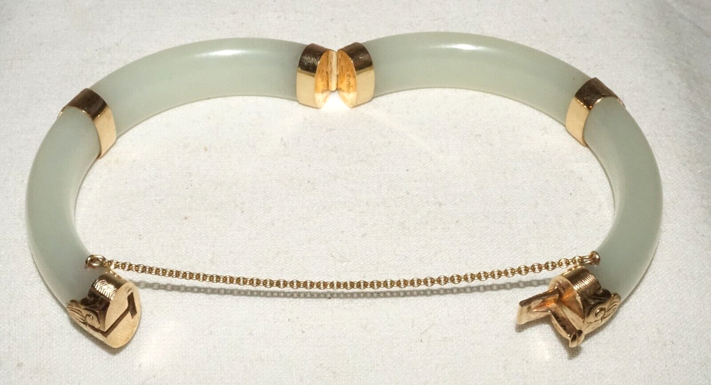 Vtg Chinese 14k Yellow Gold & Pale Green Jadeite Jade Bracelet Ming's (LeS)L25