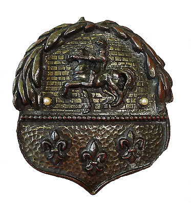 Antique Silver Plated Shield Design Brooch w. Knight & Fleur de Lis Motif (***)