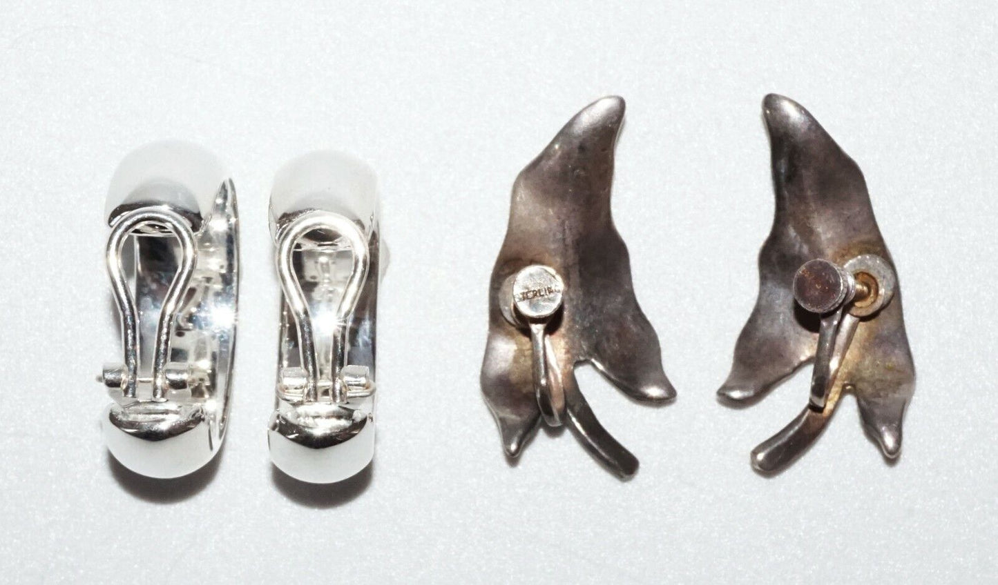 2x Pairs Vintage Sterling Silver Hoop & Leaf Motif Clip on Earrings (SaR)#382