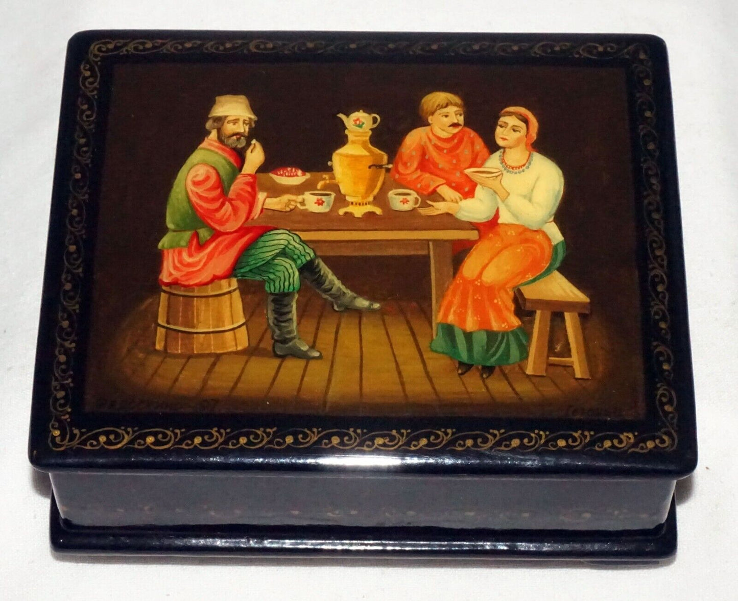 Vintage Russian Lacquer Box Three Figures Seated Around a Table signed (AHB)