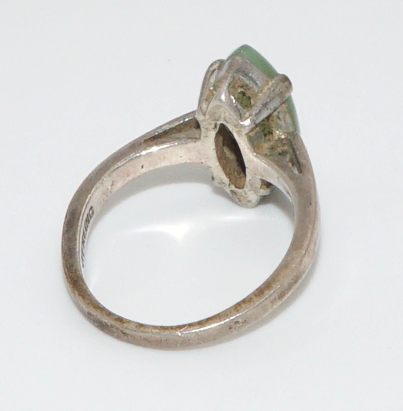 Vintage Sterling Silver Ring Sz. 6 3/4 w Nephrite Jade Marquis Solitaire (NeW)