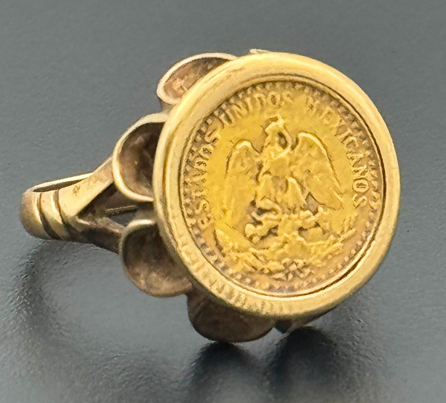 Vtg Mexican 14k Yellow Gold Ring Sz. 7 w 21k Yellow Gold Dos Pesos Coin (McC)