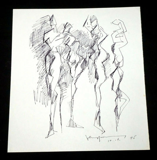 '95 Chinese Hawaii Abstract Drawing "Models" John Chin Young (1909-1997)(SaJ)30