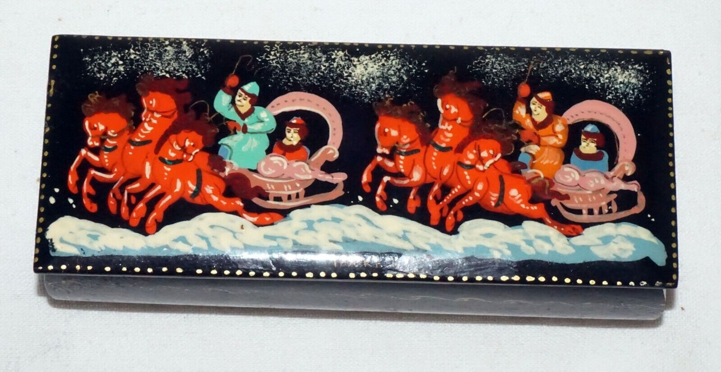 Vintage Russian Lacquer Box Two Horse Drawn Sleighs & Figures signed (AHB)