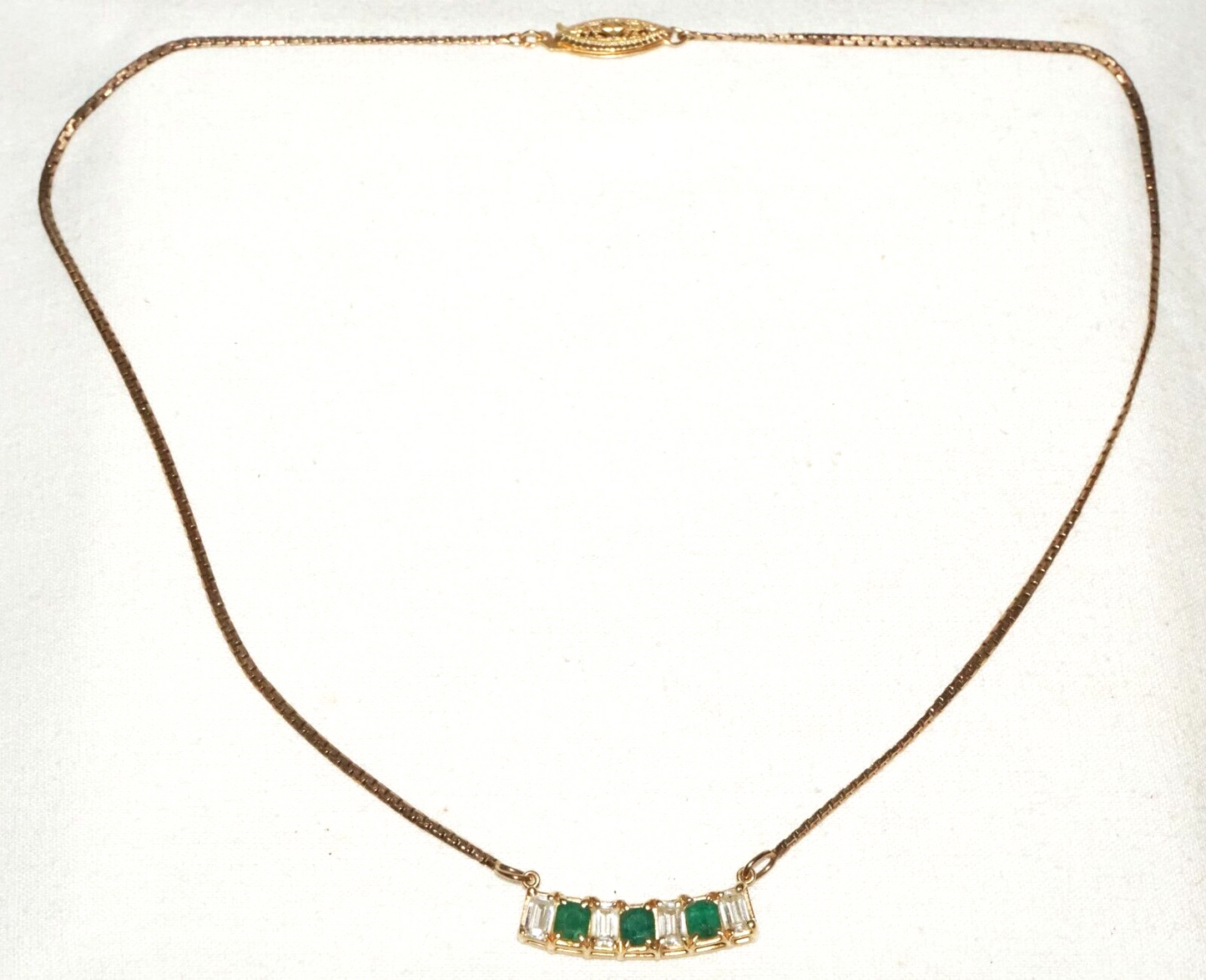 Vintage 14k Yellow Gold Necklace w. Bar Pendant 3x Emeralds & 4x CZ's (GoB) #29