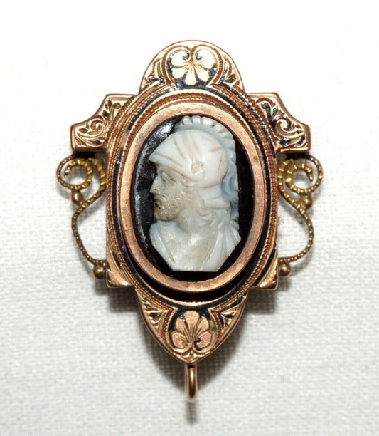 Antique Rose Gold & Black Enamel Slide Pendant w Shell Cameo Soldier Motif (AHB)