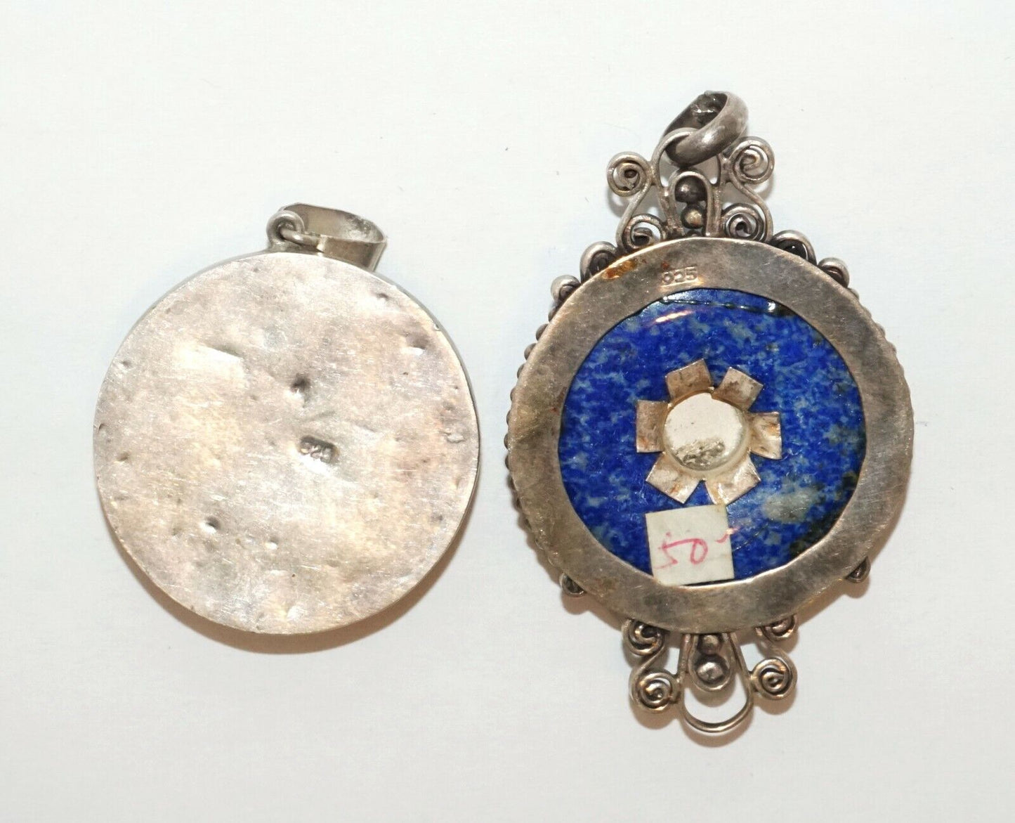 2Pc Vintage Sterling Silver Pendants w. Lapis Lazuli & Sodalite & Pearl (HaL)#18