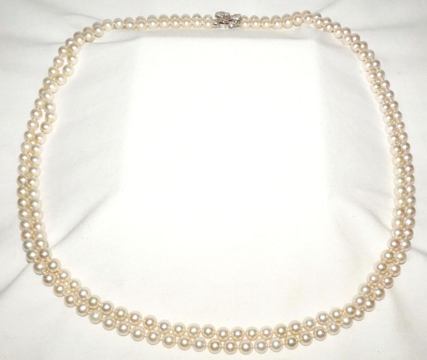 Vtg. Double Strand Pearl Necklace w. 14k W. Gold 93x Diamond Flower Clasp (LeD)