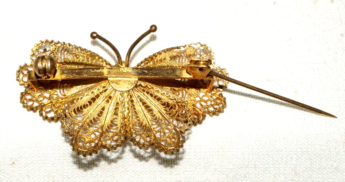 Vintage Gold-Washed 800 Silver Filigree Butterfly Brooch Pin (InS)#L1