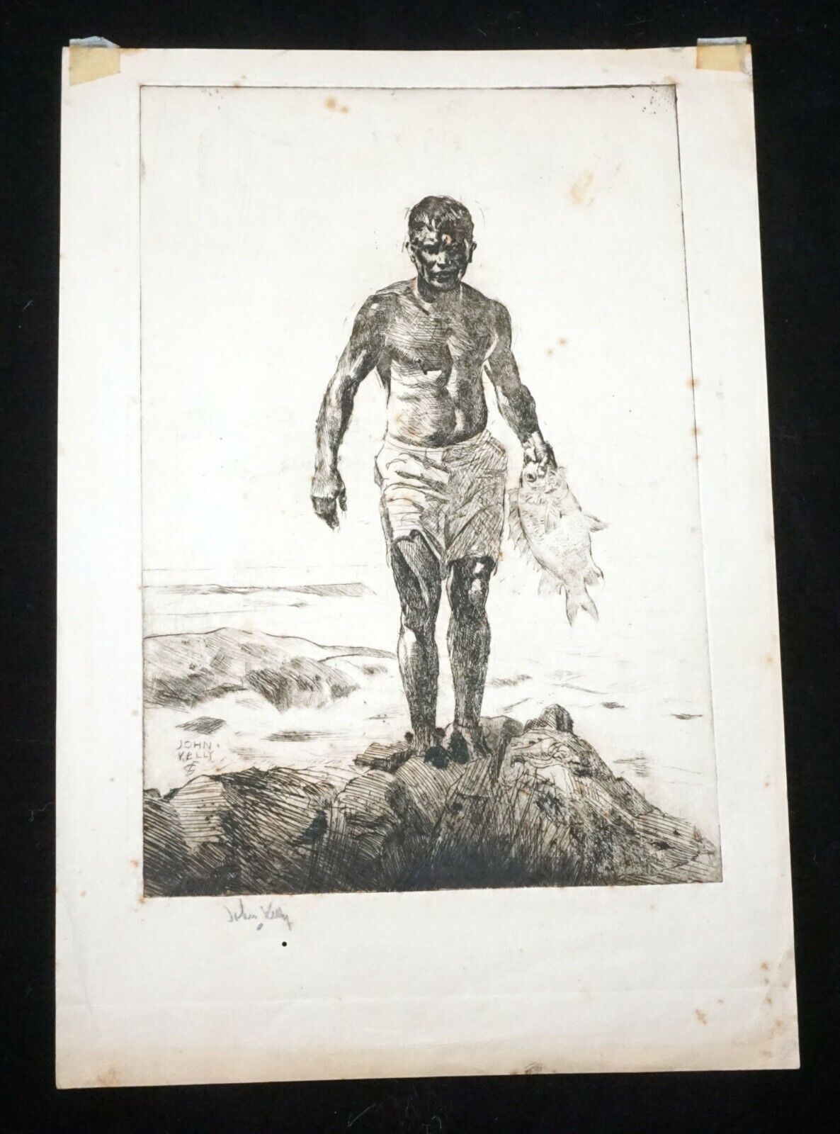 1928 Hawaii Etching Print Fisherman by John Melville Kelly (1879-1962)(Kel)