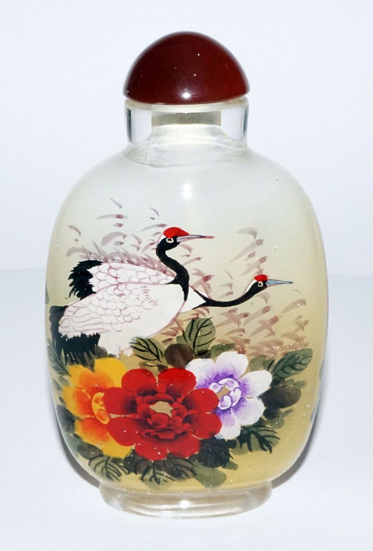 Vintage Chinese Reverse Painted Glass Snuff Bottle w. Birds & Flowers (LeS)