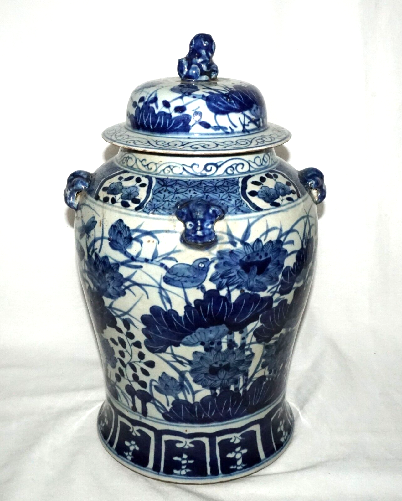 Antique Chinese Covered Jar w. Lotus & Bird Motifs in Blue Enamels (NiC)