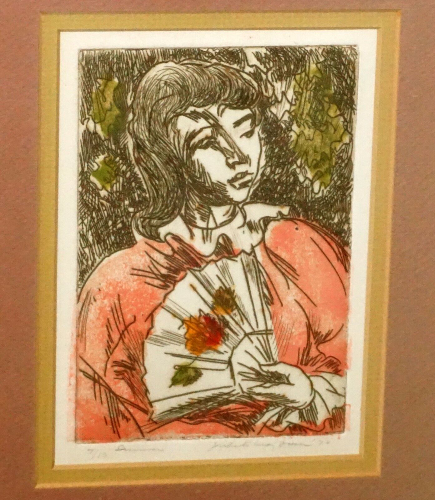 '70s Hawaii Color Etching Print Summer Girl w. Fan by Juliette May Fraser (MaM)