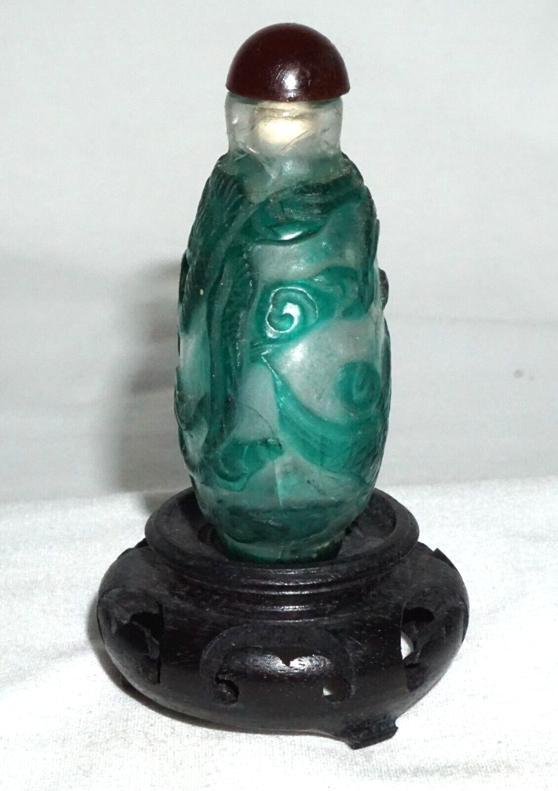 Vintage Chinese Green Overlay Glass Snuff Bottle w. Crane Motif (LLA) IC