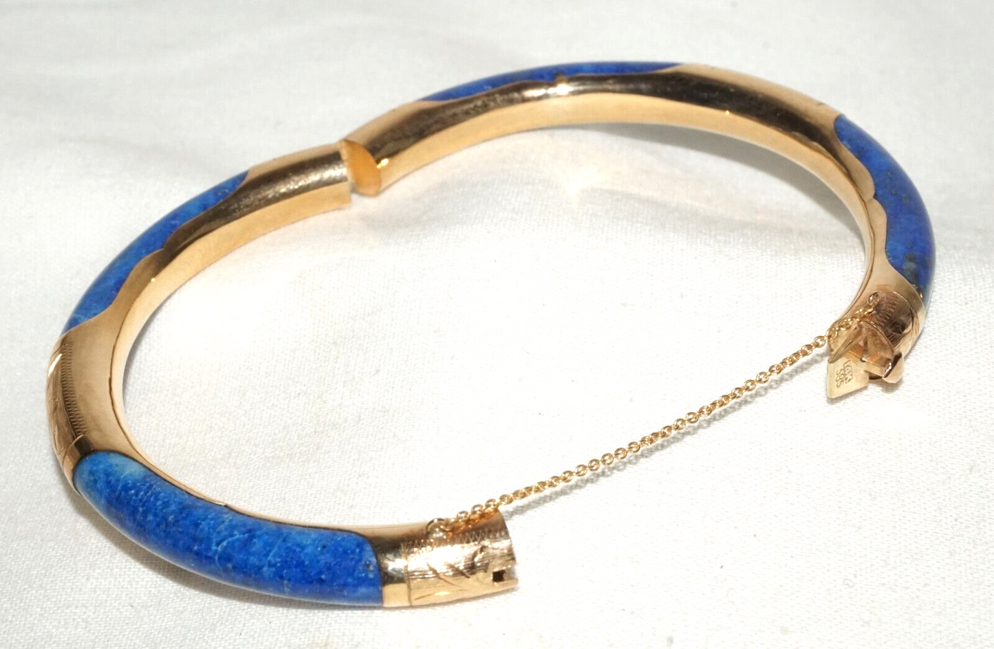 Vintage Chinese 14k Yellow Gold & Sodalite Hinged Bangle Bracelet (InS)#L1