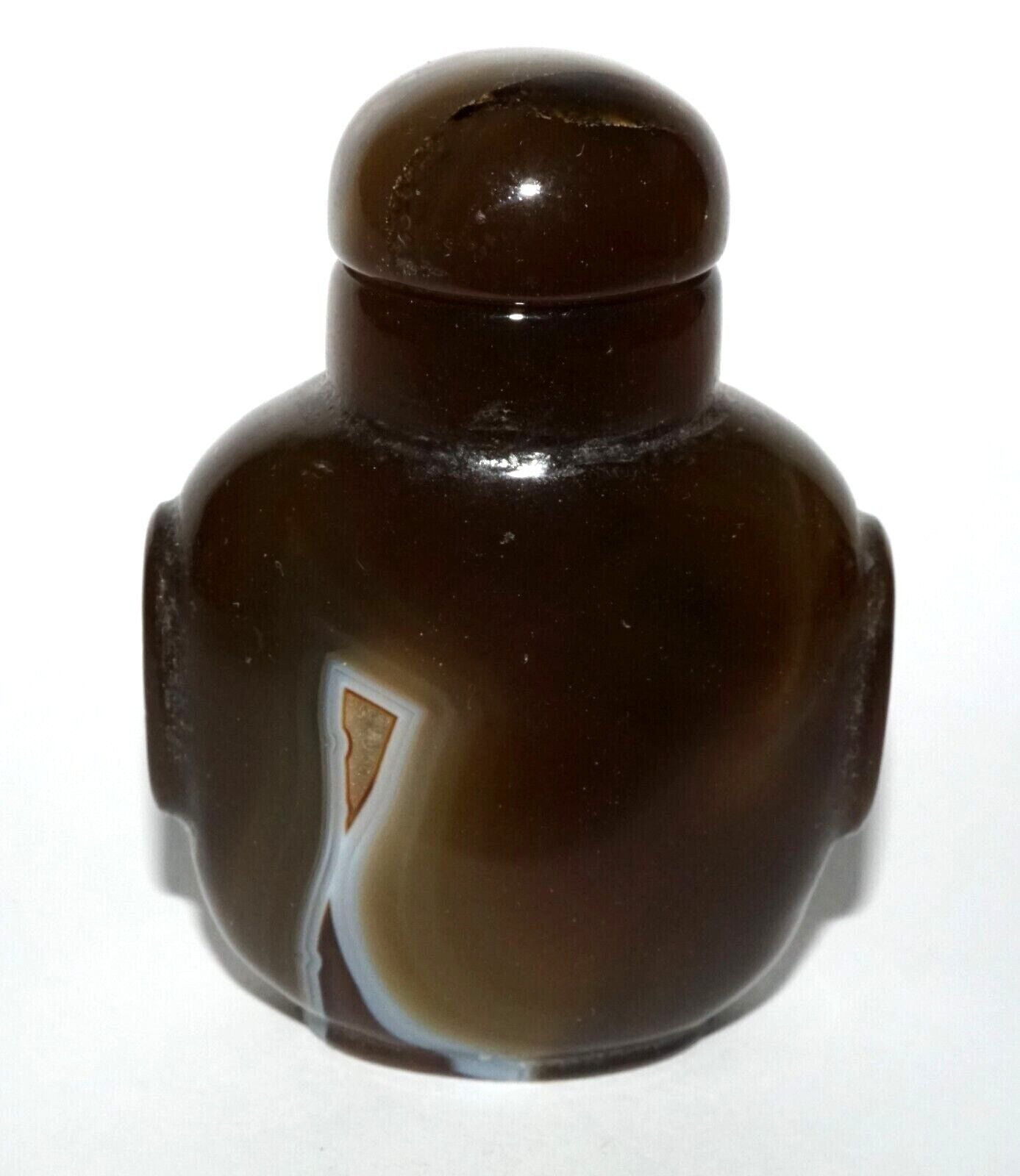 Vintage Chinese Banded Agate Carved Snuff Bottle w Mask Handles (LeS) G8