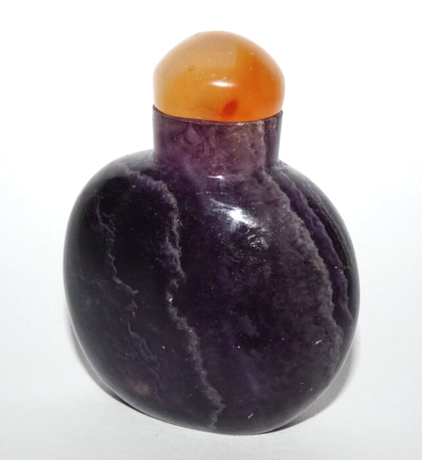 Vintage Chinese Purple Fluorite Carved Snuff Bottle w. Agate Stopper (LeS) G8