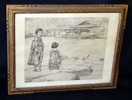 Vintage Japanese B&W Etching "Maiko" Geisha Girls, Kyoto by Anita Seiler (HeN)