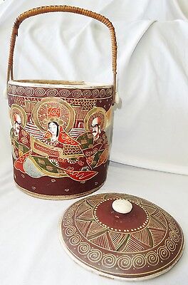 1930s Japanese Satsuma Ware Pottery Jar w. Raised Design Buddhist Deity (***)