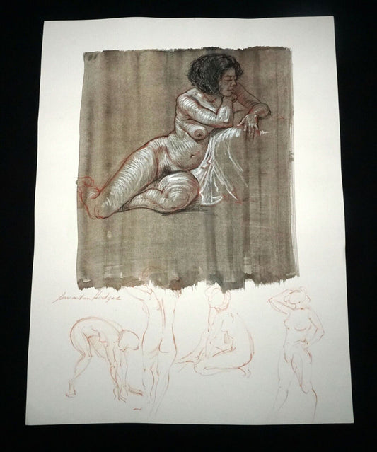 Hawaii Mixed Media Wash Painting Seated Female Nude Snowden Hodges(Sho)#124