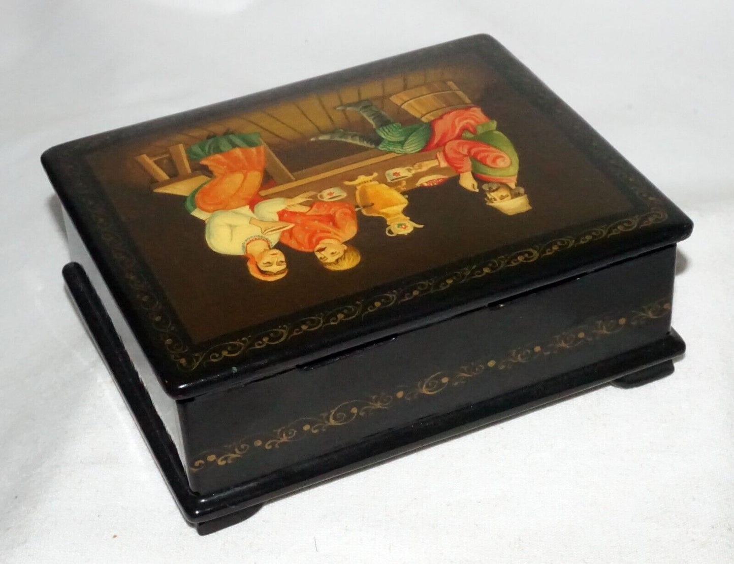 Vintage Russian Lacquer Box Three Figures Seated Around a Table signed (AHB)