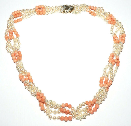 Vtg. 14K Y. Gold 4x Strand Mini Pearl & Pink Coral Bead Checker Necklace (PaS)