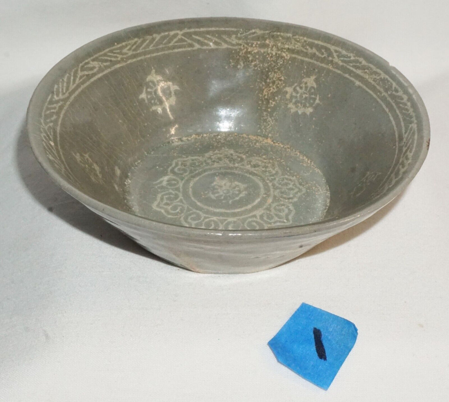 14C Korean Koryo Inlaid Pottery Bowl Celadon Glazed w. Floral Designs (JSt)1 IC