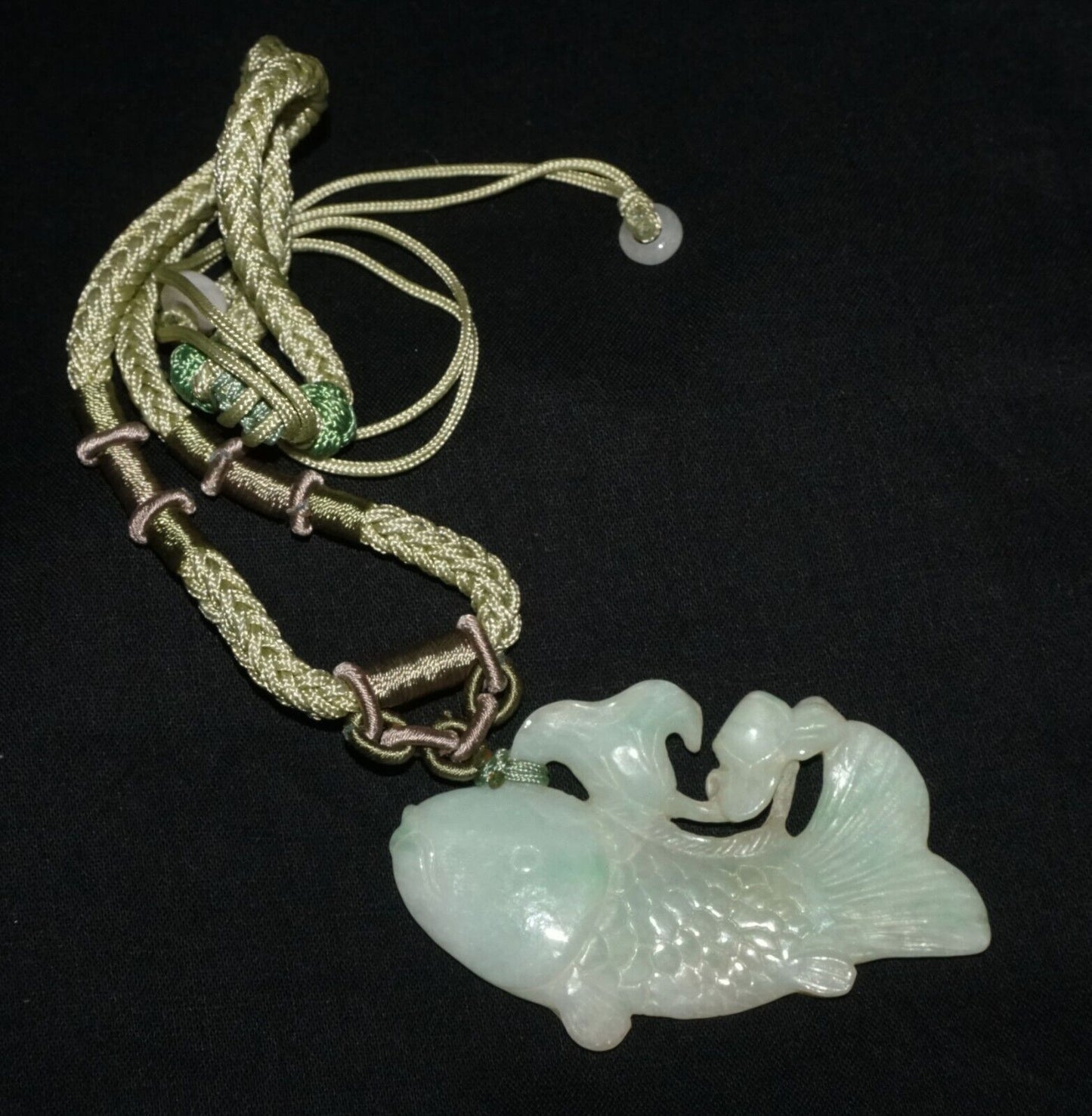 Vintage Chinese Jadeite Jade & Carp & Lotus Motif Carved Pendant (LeS)L23