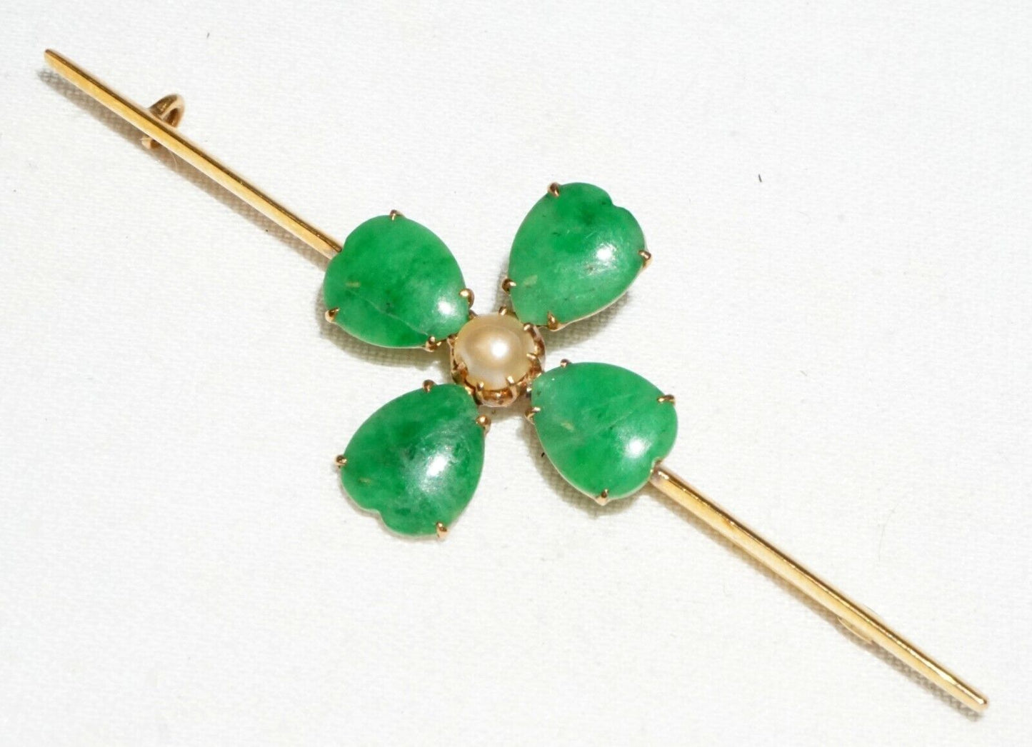 Vtg Chinese 18k Yellow Gold Four Leafed Clover Jadeite Jade & Pearl Brooch (InS)