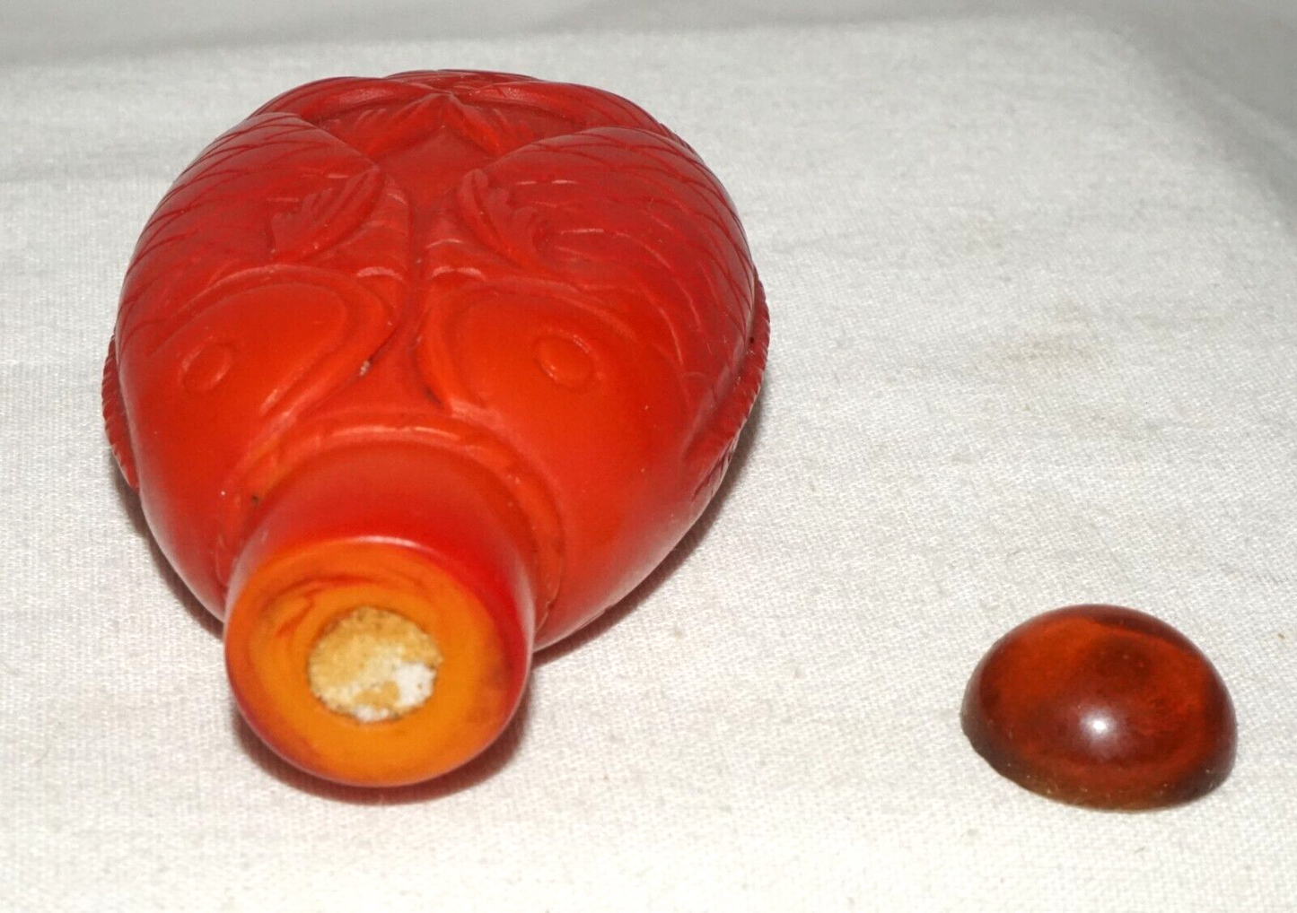 Vintage Chinese Red Glass Snuff Bottle w. Double Leaping Carp Motif (FeH)