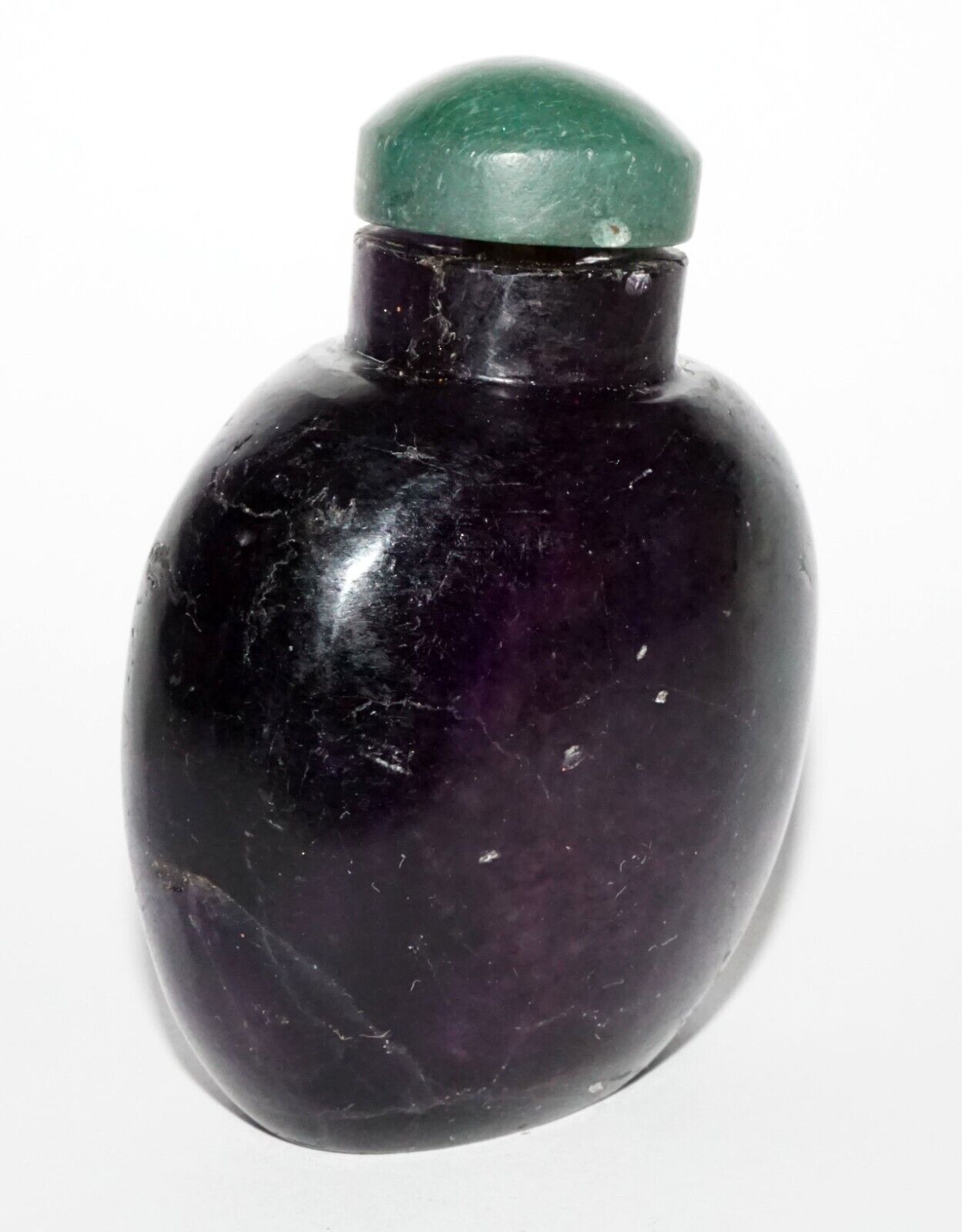 Vintage Chinese Dark Purple Fluorite Carved Snuff Bottle w. Green Stop (LeS) G8