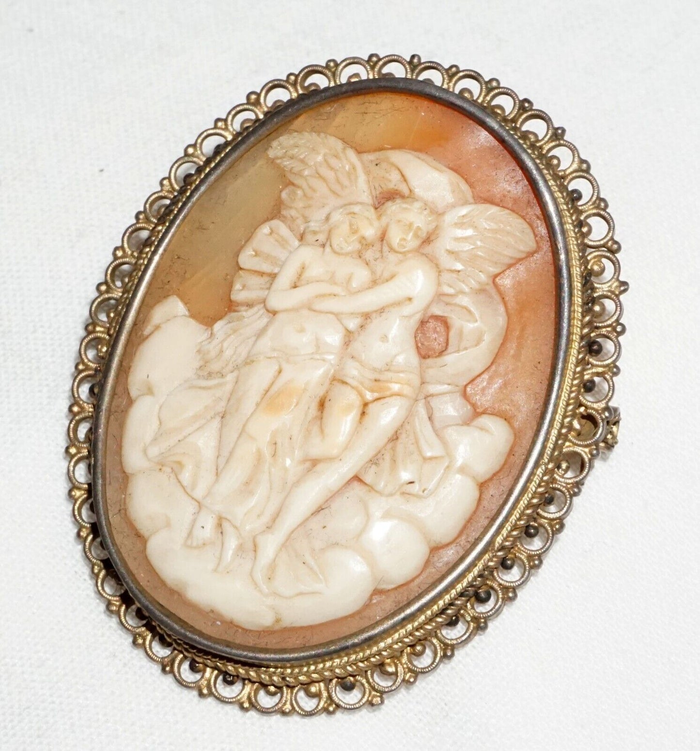 Vintage Unmarked Metal Scroll Design Brooch Shell Cameo w Angel Motif (BiB)