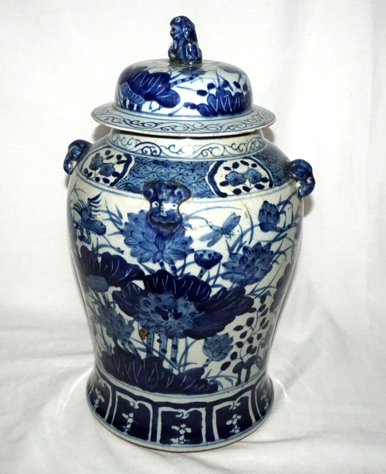 Antique Chinese Covered Jar w. Lotus & Bird Motifs in Blue Enamels (NiC)