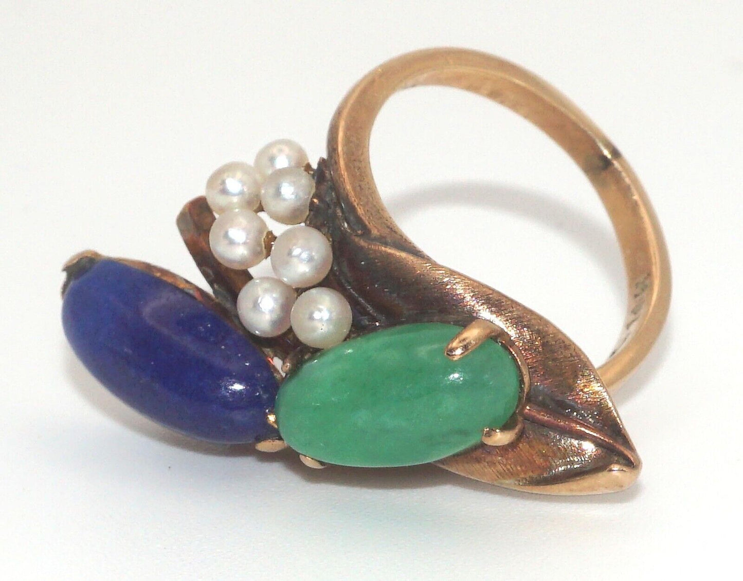 14k Yellow Gold Cocktail Ring Sz. 5 1/4 w Lapis, Jadeite & Mini Pearls (LeD)