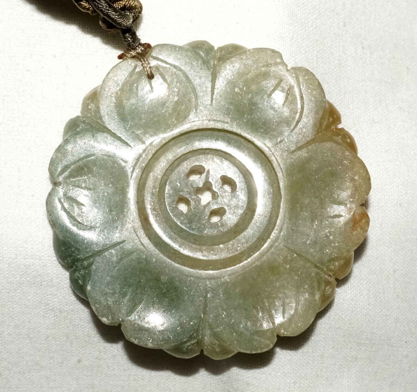 Antique Chinese Jade Carved Flower Pendant w. Double Spinning Center (LeS)L24