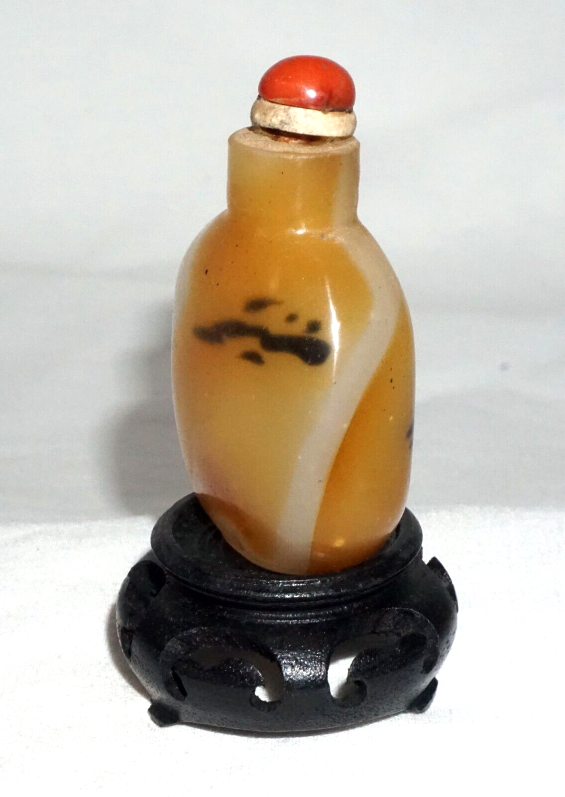 Vintage Chinese Shadow Agate Style Glass Snuff Bottle on Stand (LLA)