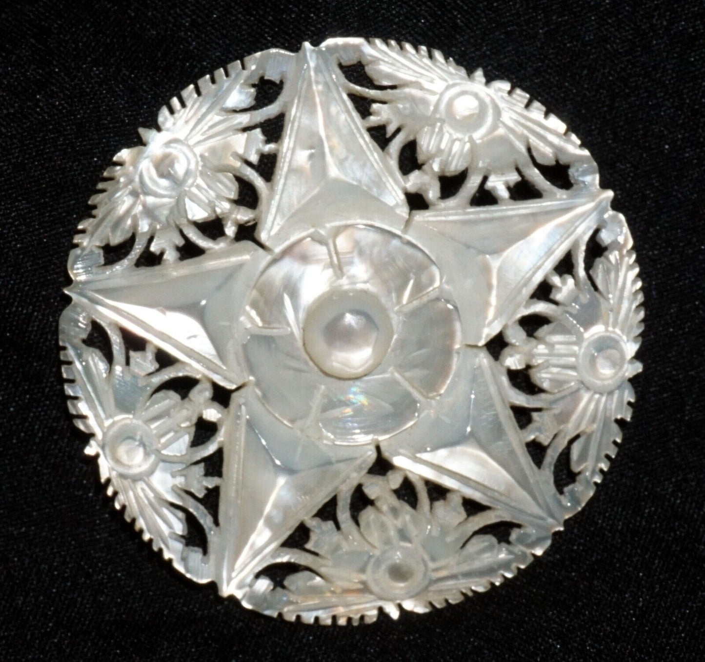 Vintage Mother of Pearl Carved Pierced Star Design Flower Motif Brooch (JoD)