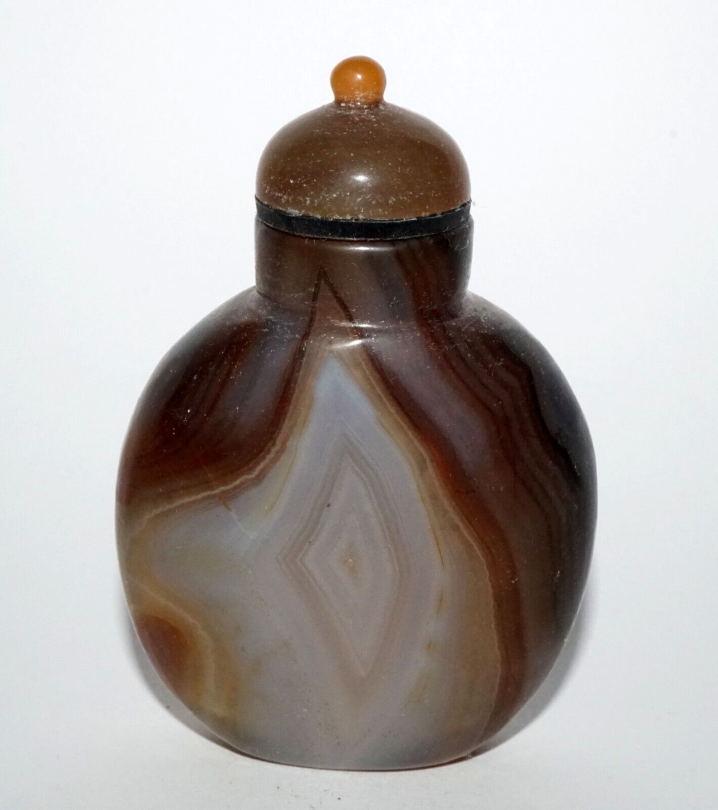 Vintage Chinese Banded Shadow Agate Snuff Bottle & Agate Stopper (LeS) G16