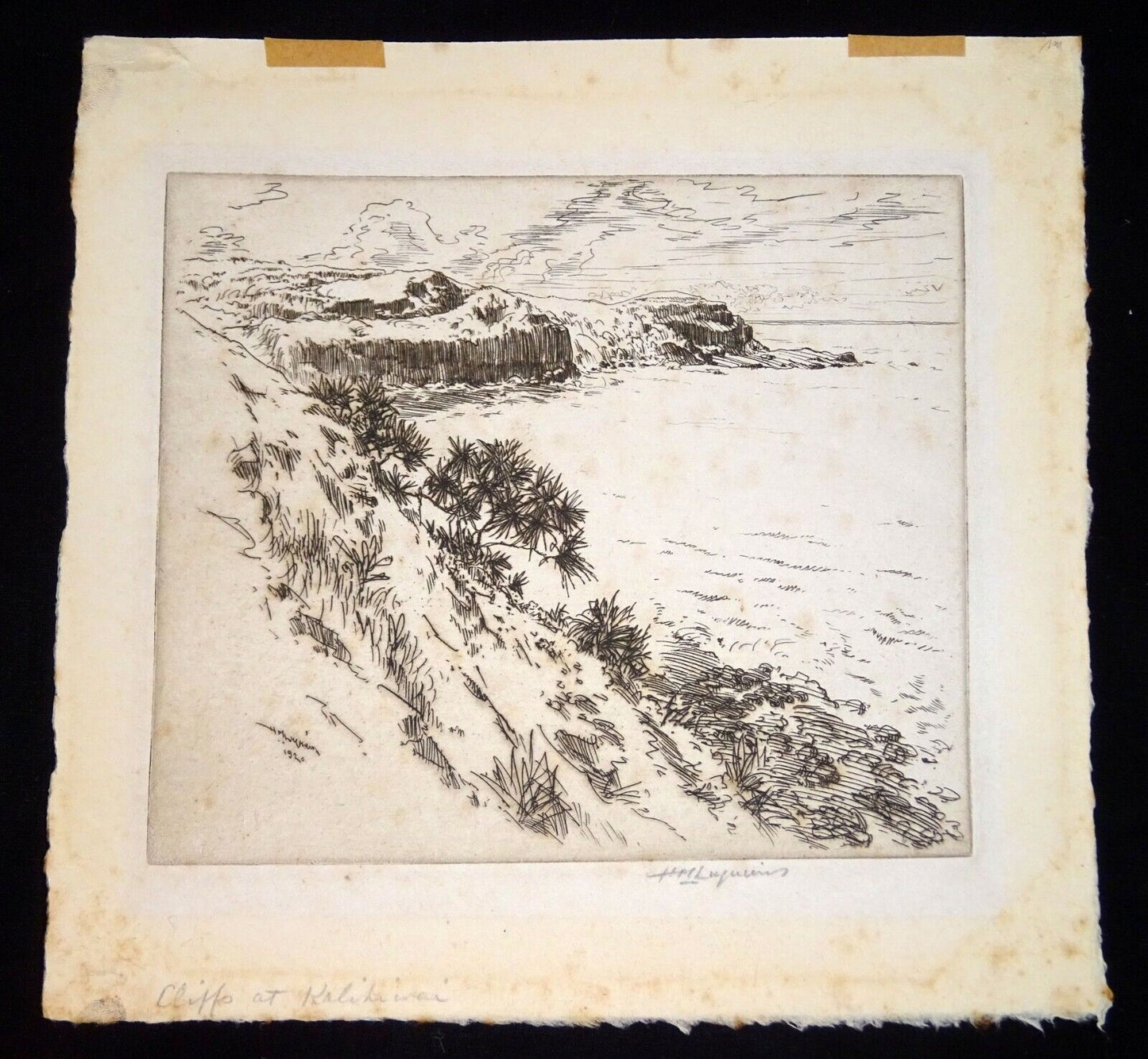 1920 Hawaii Etching Print "Cliffs at Kalihiwai, Kauai" by Huc M. Luquiens (ThB)