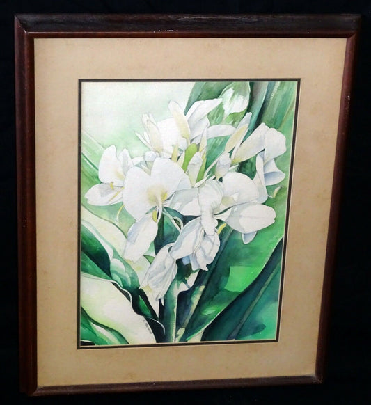 1970s Hawaii Koa Framed WC Painting "Ginger Flowers" by S. Yamauchi (StP)