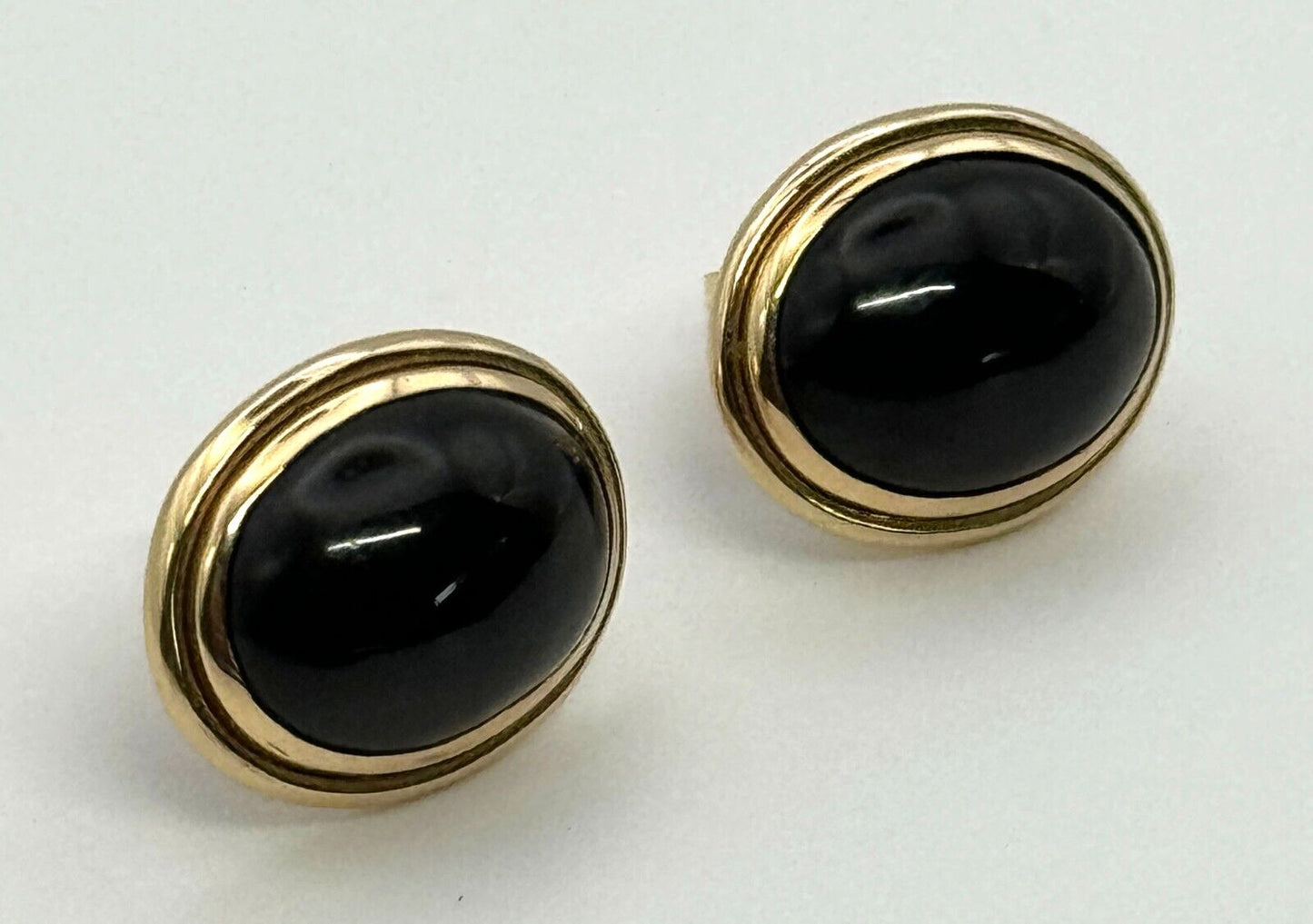 Vintage 14k Yellow Gold Onyx Oval Button Earrings (KnK)