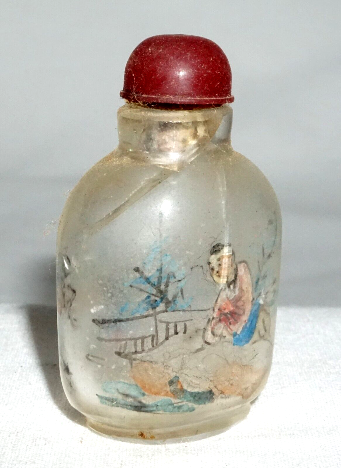 Vintage Chinese Reverse Painted Glass Snuff Bottle w. Figure Landscape (LLA) IC