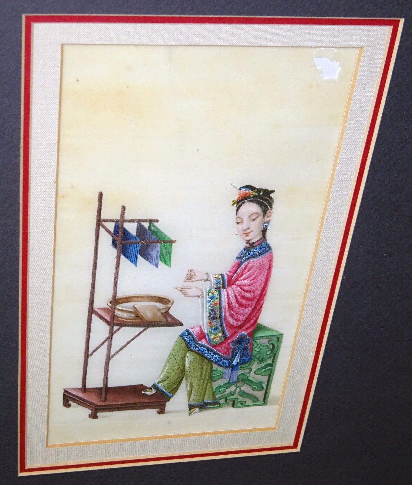 2x 19C Chinese Framed Qing WC Paintings on Pith of Seated Fine Ladies (Sul) G#1