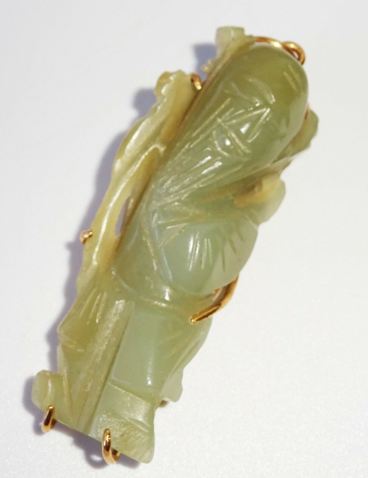 19C Chinese Nephrite Jade Carved 14K Yellow Gold Pendant God Long-life (FeO)#28