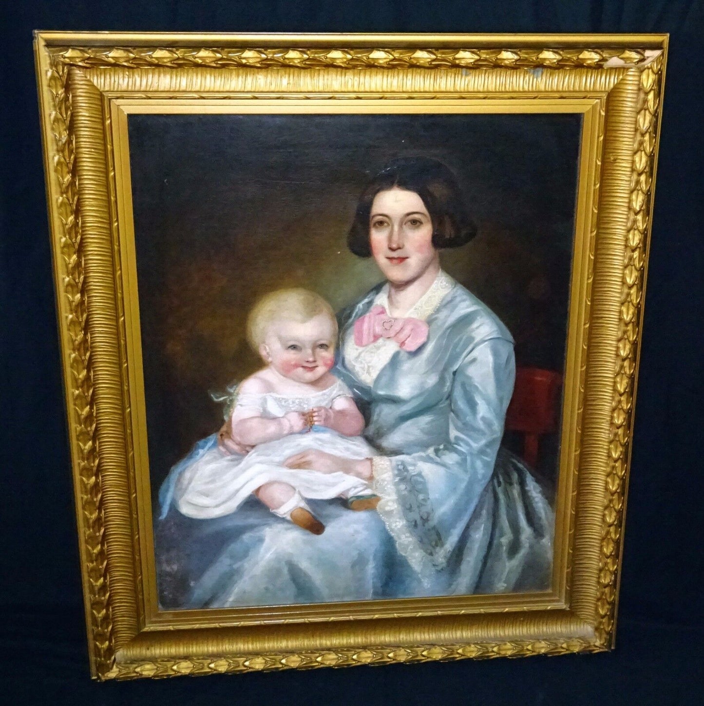 19C Canadian Folk Oil Painting Mother & Baby attrib Robert Whale (1805-87) (Sto)