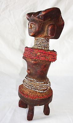 20CT African Zaire Tribal Ancestral Figure Sculpture Carving w Bead Accents(Eic)