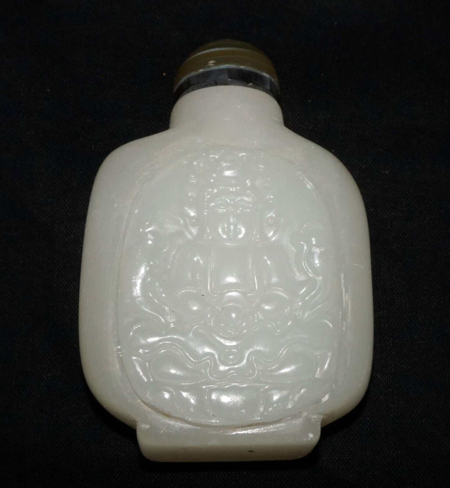 Vintage Chinese Glass Carved Snuff Bottle w. Seated Buddha Motif (LeS) G11