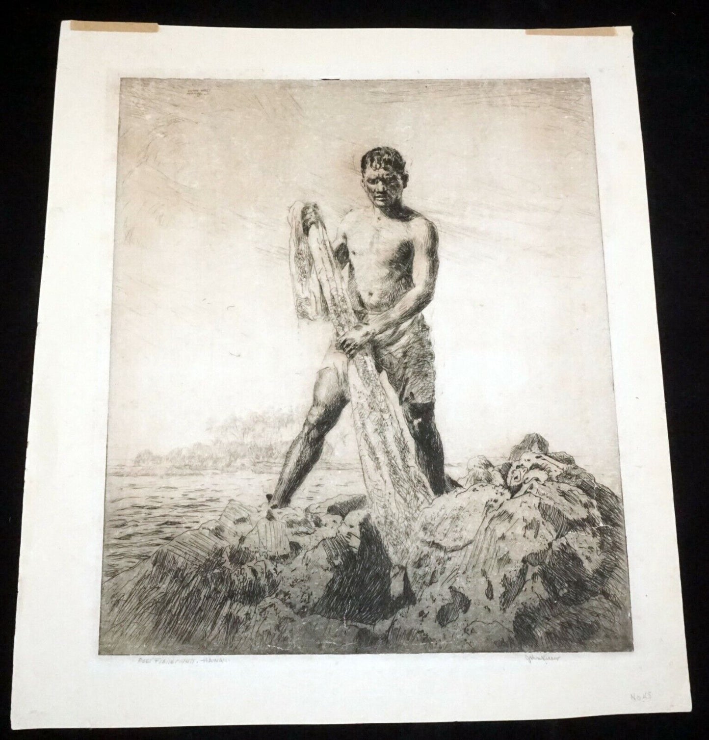 1928 Hawaii Etching Print Reef Fisherman by John Melville Kelly (1879-1962)(Kel)