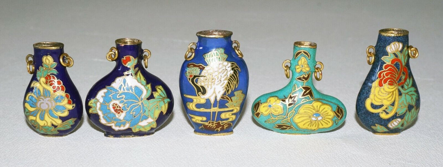 5Pc Chinese Cloisonne Enamel Miniature Vases w. Floral & Bird Motifs (DeL) #3