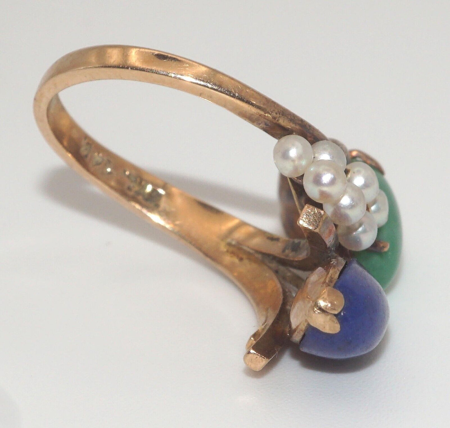 14k Yellow Gold Cocktail Ring Sz. 5 1/4 w Lapis, Jadeite & Mini Pearls (LeD)